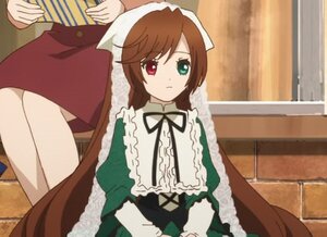 Rating: Safe Score: 0 Tags: brown_hair dress green_dress green_eyes heterochromia image long_hair long_sleeves looking_at_viewer multiple_girls red_eyes siblings sitting solo suiseiseki very_long_hair User: admin