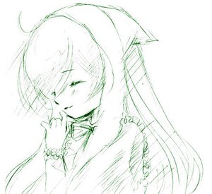 Rating: Safe Score: 0 Tags: 1girl blush closed_eyes green_theme image long_hair long_sleeves monochrome simple_background sketch smile solo suiseiseki upper_body white_background User: admin