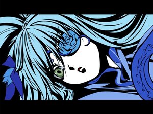 Rating: Safe Score: 0 Tags: 1girl barasuishou blue_theme border close-up face green_eyes image letterboxed long_hair looking_at_viewer simple_background solo User: admin