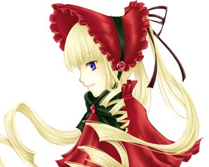 Rating: Safe Score: 0 Tags: 1girl blonde_hair blue_eyes bonnet bow flower image long_hair long_sleeves profile rose shinku simple_background smile solo twintails upper_body white_background User: admin