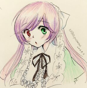 Rating: Safe Score: 0 Tags: 1girl bow flower frills green_eyes image long_hair looking_at_viewer purple_hair simple_background solo suiseiseki traditional_media upper_body User: admin