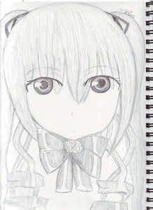 Rating: Safe Score: 0 Tags: 1girl bangs bow bowtie closed_mouth eyebrows_visible_through_hair flower graphite_(medium) greyscale hair_between_eyes image lineart long_hair looking_at_viewer monochrome ribbon rose shinku simple_background solo traditional_media white_background User: admin
