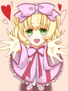 Rating: Safe Score: 0 Tags: 1girl :d blonde_hair bow dress frills green_eyes hair_bow heart heart_of_string hina_ichigo hinaichigo image looking_at_viewer open_mouth pantyhose pink_bow pink_dress ribbon short_hair smile solo striped User: admin