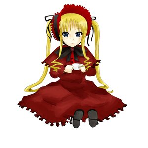 Rating: Safe Score: 0 Tags: 1girl blonde_hair blue_eyes bonnet bow bowtie capelet cup dress full_body image long_hair long_sleeves looking_at_viewer red_dress shinku shoes sidelocks simple_background sitting solo teacup twintails very_long_hair white_background User: admin