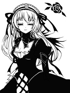 Rating: Safe Score: 0 Tags: 1girl blush breasts closed_eyes dress flower greyscale hairband image lolita_hairband long_hair long_sleeves monochrome rose simple_background solo suigintou white_background wings User: admin