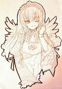 Rating: Safe Score: 0 Tags: 1girl dress eyebrows_visible_through_hair frills hairband image long_hair long_sleeves looking_at_viewer monochrome one_eye_closed smile solo suigintou wings User: admin