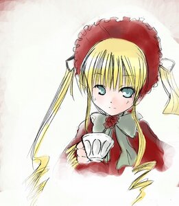 Rating: Safe Score: 0 Tags: 1girl blonde_hair blue_eyes blush bonnet bow bowtie cup dress drill_hair holding_cup image long_hair long_sleeves looking_at_viewer red_dress rose saucer shinku sidelocks solo sweatdrop tea teacup twintails upper_body User: admin