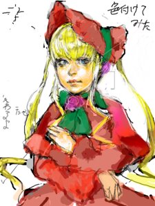 Rating: Safe Score: 0 Tags: 1girl blonde_hair blue_eyes bonnet bow bowtie dress flower green_bow image long_hair long_sleeves looking_at_viewer rose shinku simple_background sketch solo upper_body white_background User: admin