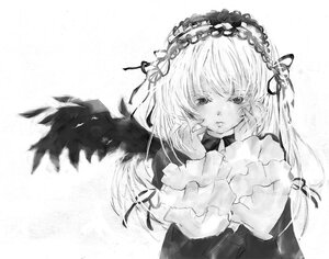 Rating: Safe Score: 0 Tags: 1girl bat_wings dress floating_hair frills gothic greyscale hair_ribbon hairband image long_hair long_sleeves looking_at_viewer marumi_(sjohast) monochrome ribbon rozen_maiden solo suigintou traditional_media upper_body white_background wings User: admin