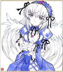 Rating: Safe Score: 0 Tags: 1girl black_ribbon detached_collar dress feathered_wings feathers flower frills hairband image lolita_hairband long_hair long_sleeves looking_at_viewer ribbon rose shikishi solo suigintou traditional_media very_long_hair white_wings wings User: admin