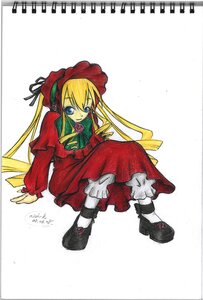 Rating: Safe Score: 0 Tags: 1girl bangs black_footwear blonde_hair blue_eyes bonnet bow bowtie dress flower full_body green_bow image long_hair long_sleeves looking_at_viewer red_dress rose shinku shoes simple_background sitting solo traditional_media twintails very_long_hair white_background User: admin