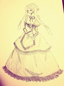 Rating: Safe Score: 0 Tags: 1girl bow capelet closed_mouth dress frills full_body image long_hair long_sleeves monochrome ribbon solo standing suiseiseki User: admin