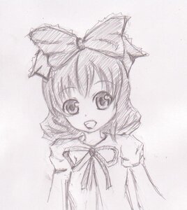 Rating: Safe Score: 0 Tags: 1girl :d bow cape greyscale hair_bow hinaichigo image looking_at_viewer monochrome open_mouth ribbon short_hair sketch smile solo traditional_media upper_body User: admin