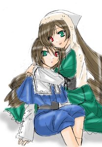 Rating: Safe Score: 0 Tags: 2girls blue_dress brown_hair dress green_dress green_eyes head_scarf heterochromia hug image long_hair long_sleeves looking_at_viewer multiple_girls pair red_eyes short_hair siblings simple_background sisters souseiseki suiseiseki twins very_long_hair white_background User: admin