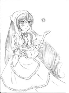Rating: Safe Score: 0 Tags: 1girl apron blush dress frills greyscale hat image long_hair long_sleeves looking_at_viewer monochrome open_mouth ribbon solo suiseiseki very_long_hair User: admin
