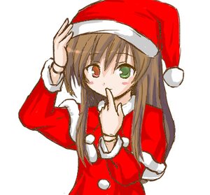 Rating: Safe Score: 0 Tags: 1girl blush bracelet brown_hair capelet christmas green_eyes hat heterochromia image jewelry long_hair long_sleeves looking_at_viewer red_capelet red_dress red_eyes santa_costume santa_hat simple_background solo suiseiseki upper_body white_background User: admin