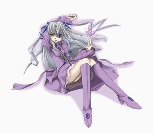 Rating: Safe Score: 0 Tags: 1girl barasuishou boots crossed_legs dress eyepatch full_body image knee_boots long_hair long_sleeves looking_at_viewer lying purple_dress purple_footwear ribbon silver_hair solo striped thigh_boots very_long_hair yellow_eyes User: admin