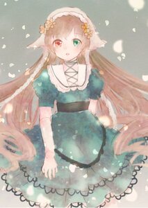 Rating: Safe Score: 0 Tags: 1girl brown_hair dress flower frills green_dress green_eyes heterochromia image long_hair petals red_eyes short_sleeves solo suiseiseki very_long_hair User: admin