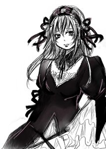 Rating: Safe Score: 0 Tags: 1girl dress frills greyscale hairband image long_hair long_sleeves looking_at_viewer monochrome simple_background solo suigintou white_background User: admin