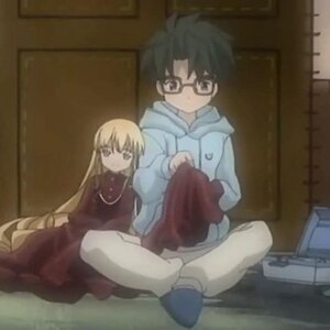 Rating: Safe Score: 0 Tags: 1boy 1girl blonde_hair boots glasses image indian_style indoors long_hair long_sleeves pants shinku sitting solo User: admin