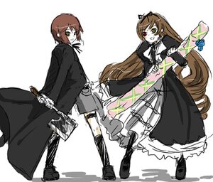 Rating: Safe Score: 0 Tags: 1girl black_footwear boots brown_hair bug butterfly dress green_eyes heterochromia image insect long_hair long_sleeves pair red_eyes sketch souseiseki standing suiseiseki sword twins very_long_hair weapon white_background User: admin