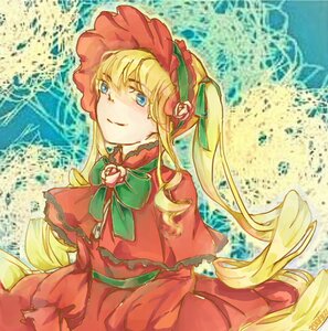 Rating: Safe Score: 0 Tags: 1girl blonde_hair blue_eyes bonnet bow bowtie capelet dress drill_hair flower frills green_bow green_neckwear image long_hair long_sleeves red_capelet red_dress shinku solo twintails User: admin