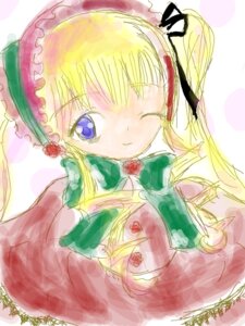 Rating: Safe Score: 0 Tags: 1girl blonde_hair blue_eyes bow bowtie cup dress flower hair_ribbon image long_hair long_sleeves looking_at_viewer one_eye_closed ribbon rose shinku solo teacup twintails User: admin