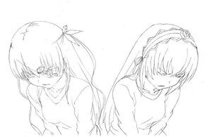 Rating: Safe Score: 0 Tags: 2girls barasuishou hair_over_eyes hair_ribbon image long_hair monochrome multiple_girls pair ribbon simple_background sketch striped striped_shirt suigintou upper_body white_background User: admin