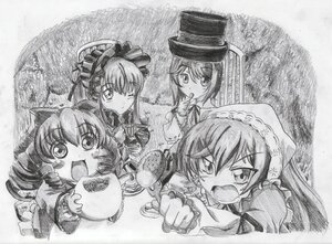 Rating: Safe Score: 0 Tags: 4girls bowl drill_hair eating food greyscale hat image monochrome multiple multiple_girls open_mouth short_hair siblings sisters suiseiseki tagme traditional_media User: admin