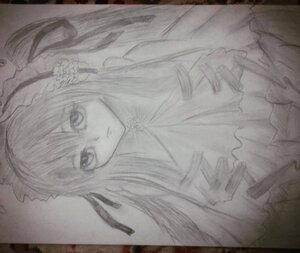 Rating: Safe Score: 0 Tags: 1girl closed_mouth frills frown image long_hair looking_at_viewer monochrome photo ribbon shinku sketch solo traditional_media upper_body User: admin