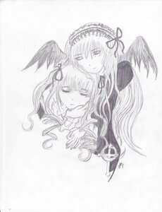 Rating: Safe Score: 0 Tags: 2girls black_wings dress feathered_wings greyscale hairband image long_hair long_sleeves looking_at_viewer monochrome multiple_girls pair ribbon shinku simple_background suigintou traditional_media upper_body white_background wings User: admin