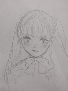 Rating: Safe Score: 0 Tags: 1girl bangs bow bowtie closed_mouth image long_hair looking_at_viewer monochrome photo shinku simple_background sketch solo tears traditional_media twintails upper_body User: admin