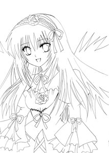 Rating: Safe Score: 0 Tags: 1girl :d dress flower greyscale hair_ribbon hairband image lineart long_hair long_sleeves looking_at_viewer monochrome open_mouth ribbon rose simple_background smile solo suigintou very_long_hair white_background wings User: admin