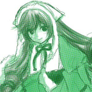 Rating: Safe Score: 0 Tags: 1girl bow dress eyebrows_visible_through_hair green_theme image long_hair long_sleeves looking_at_viewer monochrome solo suiseiseki traditional_media wide_sleeves User: admin