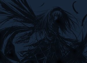 Rating: Safe Score: 0 Tags: 1girl closed_eyes dress feathers floating_hair hairband image long_hair monochrome solo standing suigintou very_long_hair wings User: admin