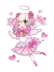 Rating: Safe Score: 0 Tags: 1girl angel_wings arms_up bell blonde_hair blush bow full_body green_eyes heart hinaichigo image one_eye_closed open_mouth skirt smile solo striped wings User: admin