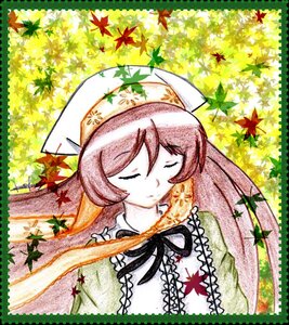 Rating: Safe Score: 0 Tags: 1girl autumn autumn_leaves closed_eyes falling_leaves hat head_scarf image leaf long_hair maple_leaf marker_(medium) pink_hair solo suiseiseki traditional_media User: admin