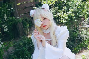 Rating: Safe Score: 0 Tags: 1girl bangs blonde_hair flower hair_flower hair_ornament kirakishou lips long_hair looking_at_viewer one_eye_covered outdoors plant solo upper_body white_dress white_flower User: admin