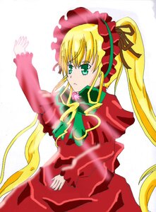 Rating: Safe Score: 0 Tags: 1girl blonde_hair bonnet bow bowtie capelet dress frills green_bow green_eyes green_neckwear image long_hair long_sleeves red_dress shinku simple_background solo striped twintails very_long_hair white_background User: admin