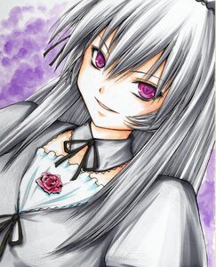 Rating: Safe Score: 0 Tags: 1girl black_ribbon dress flower image long_hair looking_at_viewer neck_ribbon purple_eyes ribbon rose silver_hair smile solo suigintou upper_body User: admin