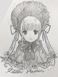 Rating: Safe Score: 0 Tags: 1girl bangs blush bonnet closed_mouth eyebrows_visible_through_hair flower image long_hair looking_at_viewer monochrome photo ribbon rose shinku simple_background smile solo traditional_media upper_body User: admin