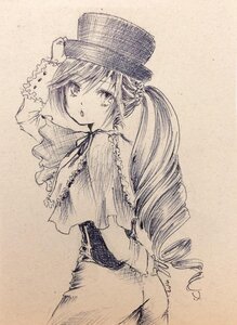 Rating: Safe Score: 0 Tags: 1girl capelet drill_hair flower frills graphite_(medium) hair_ornament hat image long_hair long_sleeves looking_at_viewer monochrome solo suiseiseki traditional_media User: admin