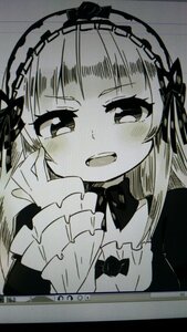 Rating: Safe Score: 3 Tags: 1girl bangs blush bow dress eyebrows_visible_through_hair frilled_hairband greyscale hairband image long_hair long_sleeves looking_at_viewer monochrome open_mouth smile solo suigintou traditional_media upper_body virtual_youtuber User: admin