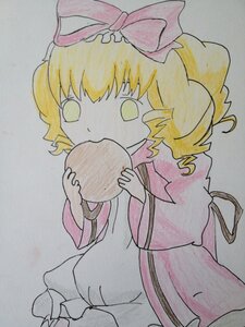 Rating: Safe Score: 0 Tags: 1girl blonde_hair bow colored_pencil_(medium) dress eating food hat hinaichigo holding_food image long_sleeves marker_(medium) photo pink_dress red_bow simple_background solo traditional_media watercolor_(medium) wide_sleeves yellow_eyes User: admin