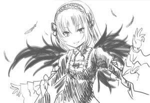 Rating: Safe Score: 0 Tags: 1girl bangs closed_mouth dress eyebrows_visible_through_hair feathered_wings feathers greyscale hairband image lolita_hairband long_hair long_sleeves looking_at_viewer monochrome smile solo suigintou upper_body white_background wings User: admin