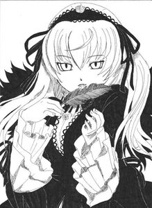 Rating: Safe Score: 0 Tags: 1girl auto_tagged detached_collar dress flower frills greyscale hairband image long_hair long_sleeves looking_at_viewer monochrome ribbon rose simple_background solo suigintou traditional_media upper_body white_background wings User: admin