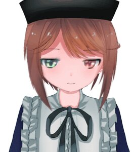 Rating: Safe Score: 0 Tags: 1girl apron bangs black_headwear blurry blush brown_eyes brown_hair closed_mouth dress eyebrows_visible_through_hair frills green_eyes hat image looking_at_viewer ribbon short_hair simple_background solo souseiseki upper_body white_apron white_background User: admin