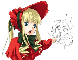 Rating: Safe Score: 0 Tags: 1girl b-ginga blonde_hair blue_eyes bonnet bow bowtie dress image long_hair long_sleeves open_mouth pointing rozen_maiden shinku sidelocks simple_background sketch solo upper_body white_background User: admin