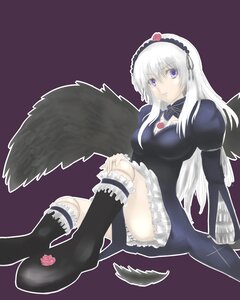 Rating: Safe Score: 0 Tags: 1girl black_wings dress feathers flower frills gothic_lolita hairband image kneehighs lolita_fashion lolita_hairband long_hair long_sleeves purple_eyes rose silver_hair sitting solo suigintou wings User: admin
