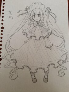 Rating: Safe Score: 0 Tags: 1girl bonnet dress full_body greyscale hat image lolita_fashion long_hair looking_at_viewer monochrome ribbon shinku smile solo standing traditional_media very_long_hair User: admin